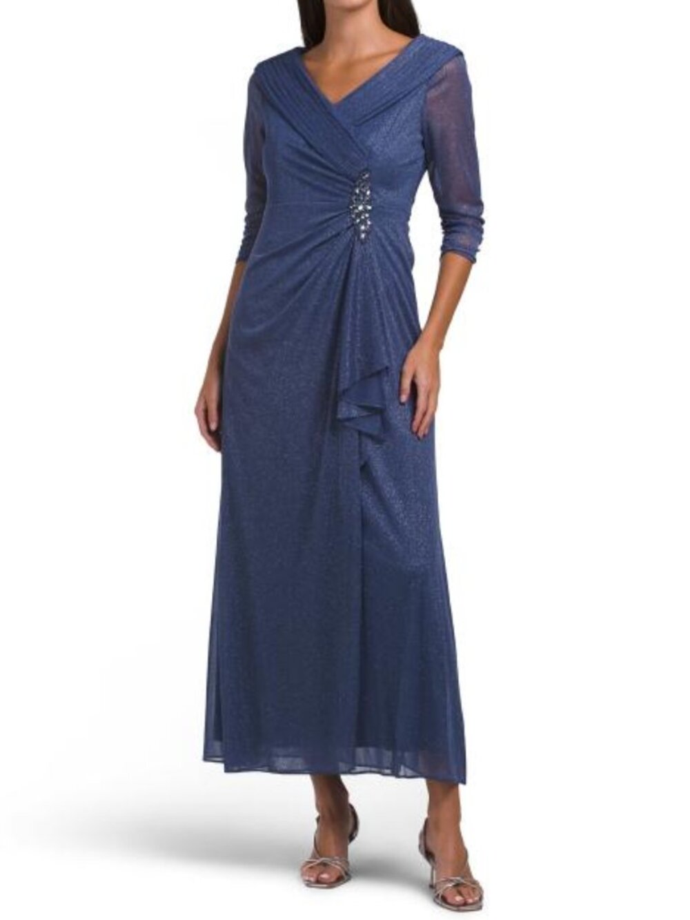 ALEX EVENINGS Dusty Blue Petite Long Portrait Collar Glitter Mesh Dress